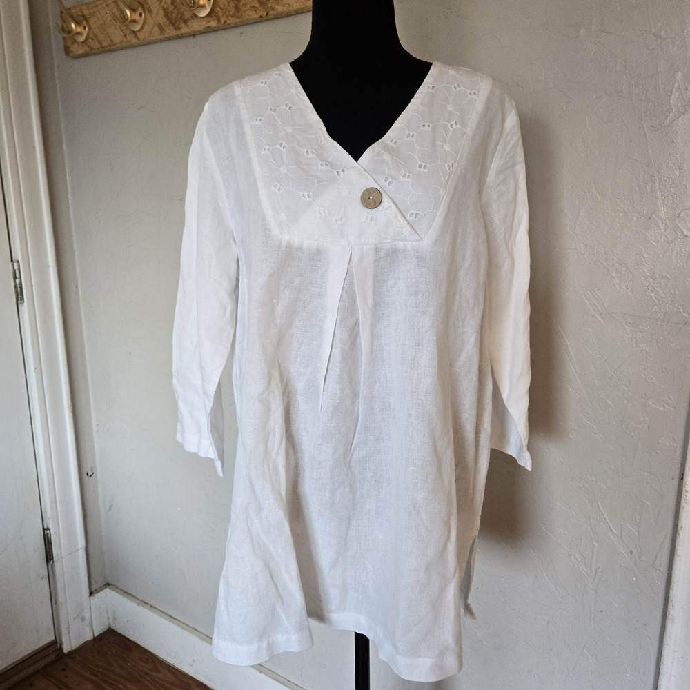 Hot Cotton Women's Medium Tunic Top White Linen Blend Lagenlook Simple Natural